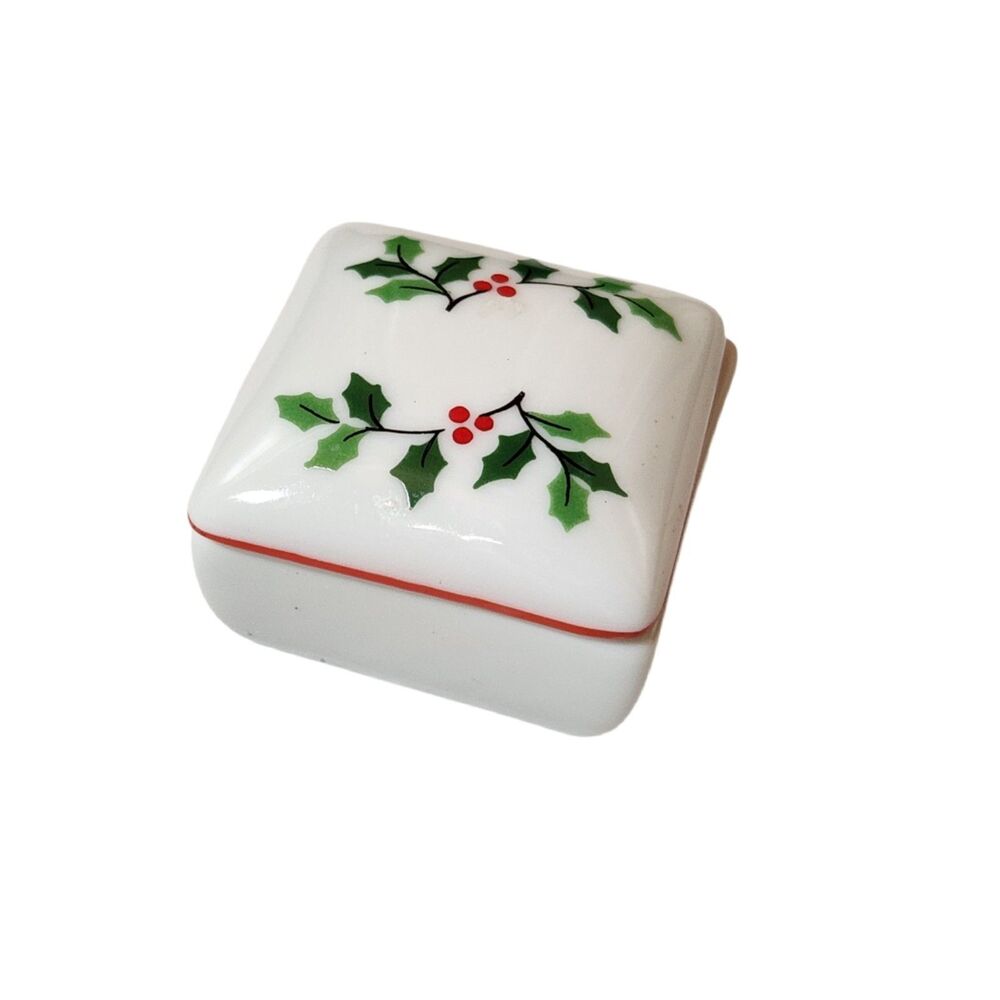 Holly Trinket Pill Box White Glazed Ceramic Holiday Leaves Design